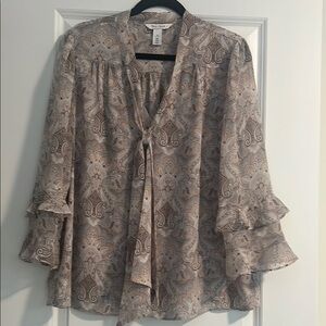 WHBM Women’s Flutter Sleeve Blouse with V-Neck and Tie Neck